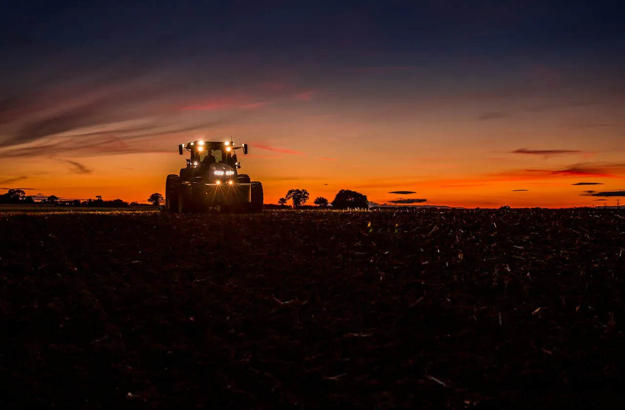 Trator trabalhando no campo ao pôr do sol